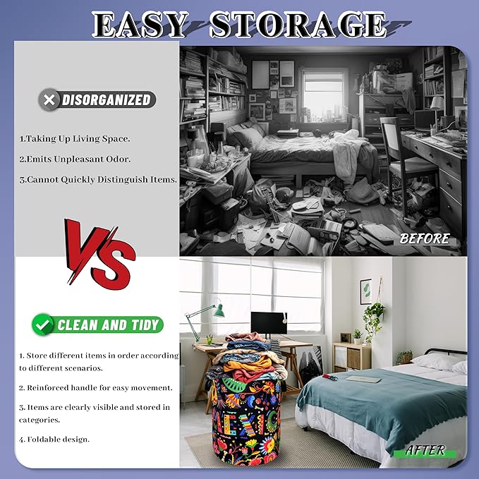 Mexico Laundry Basket Foldable Colorful Hippie Floral Laundry Hamper With Handle Oxford Cloth Portable Clothes Storage Organizer Basket 18.9"x16.5" Laundry Bag For Laundry Room/Bedroom/Bathrooms