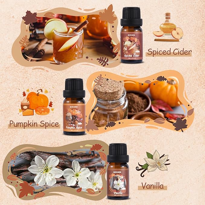 Autumn Fragrance Oils Set, AVEOIRA Fall Essential Oil Set for Diffuser, Candle, Soap Making, Pumpkin Spice, Forest Pine, Spiced Cider, Cinnamon, Vanilla, Snickerdoodle, Scented Oils, 6x10ml