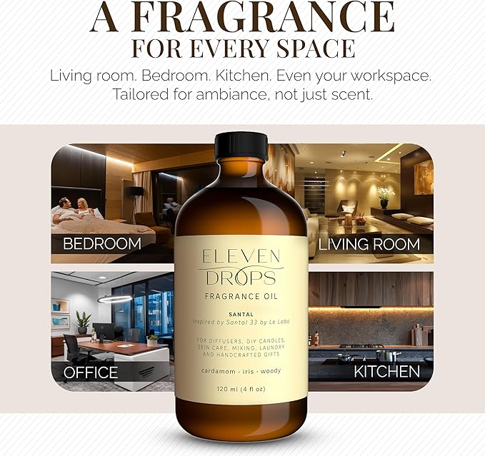 Santal Aroma Fragrance Oil – Essential Oil Blend for Diffusers, Candles & Soap Making, Mixing, Long Lasting Scent, Pet Friendly, Made in USA, Amber Glass Bottle, IFRA Compliant, 4 Fl. Oz.