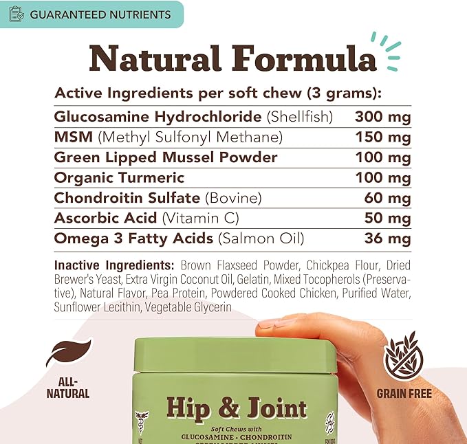 Natural Dog Company Hip & Joint Supplement for Dogs – Supports Mobility, Flexibility & Comfort, Glucosamine, Chondroitin, MSM & Turmeric, Chicken Flavor, 90 Count