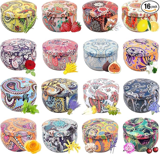 Scented Candles Gift Set, Natural Soy Wax Portable Travel Tin with Strongly Fragrance Essential Oils for Stress Relief and Aromatherapy - 16 Pack