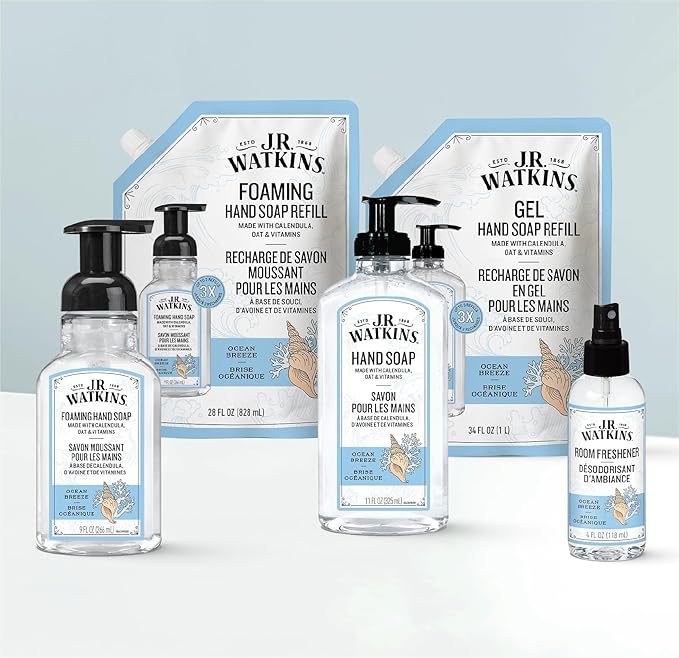 J.R. Watkins Gel Hand Soap Refill, Moisturizing Hand Wash, Formulated with Plant-Based Cleansers, Alcohol-Free, Cruelty-Free, Ocean Breeze, 34 Fl Oz, 2 Pack