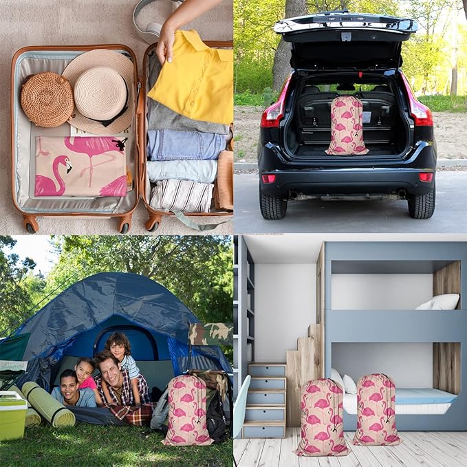 Swono Pink Flamingos Extra Large Laundry Bag with Drawstring Heavy Duty Travel Dirty Clothes Bag for Laundromat Household, Tropical Bird Feather Beak Rip-Stop Laundry Hamper Bag, 28x40 Inch, Wildlife