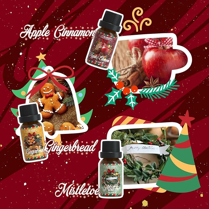 SALUBRITO Christmas Fragrance Oils Set, Winter Essential Oils for Diffuser, Candle Making, Scented Oils Gift - Candy Cane, Christmas Tree, Christmas Pudding, Apple Cinnamon, Gingerbread, Mistletoe