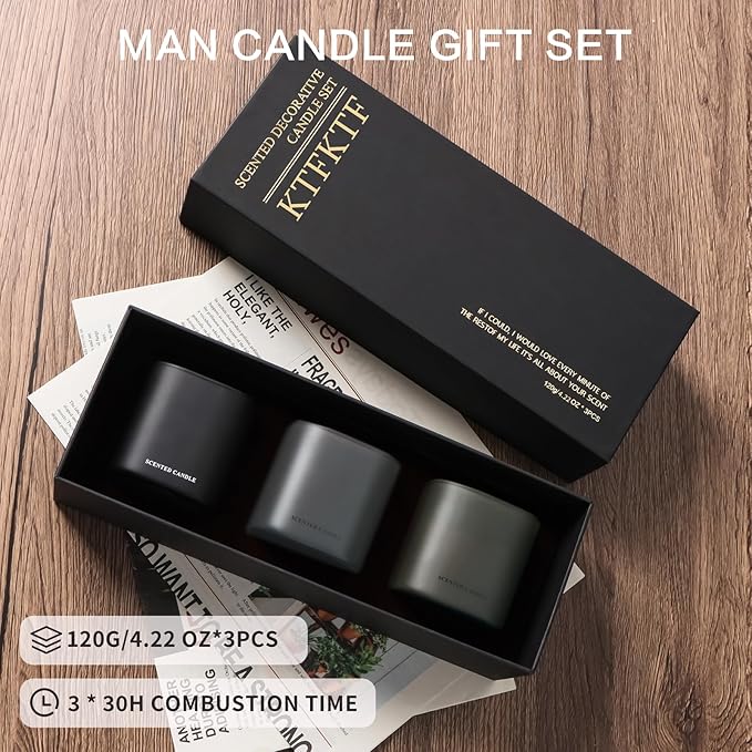 Scented Candles for Men - 3 Pack Vanilla Teakwood Mens Candles Gift Set | Essential Oil Soy Wax Candle | Luxury Masculine Gifts for Him, Husband, Boyfriend
