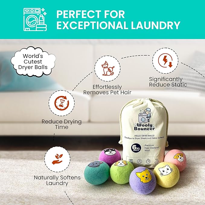 Laundry Dryer Balls-100% New Zealand Wool,Replaces Dryer Sheets,Reduces Wrinkles & Drying Time,Anti-Static,Pet Hair Removal,Hand-Felted,Natural Fabric Softener,Reusable,Quiet,Child-Friendly(Pack of 6)