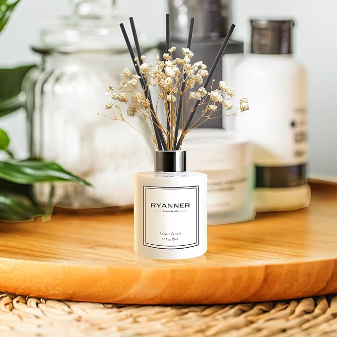 Reed Diffuser Set,5.1 fl oz Clean Linen Scent Diffuser with Sticks Home Fragrance Reed Diffuser with Essential Oil for Bathroom Shelf Decor&Air Freshener,Home Bathroom Office Decor & Gifts