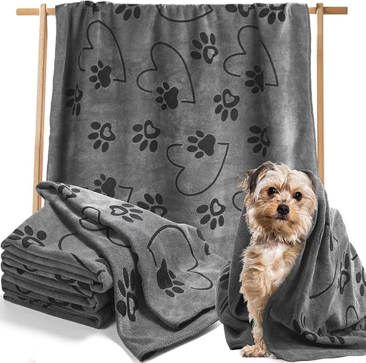 4 Pcs Dog Bath Towels Microfiber Drying Dog Towel Absorbent Pet Heart Paw Towels for Medium Dogs Puppy Cats Pets Shower(Gray)