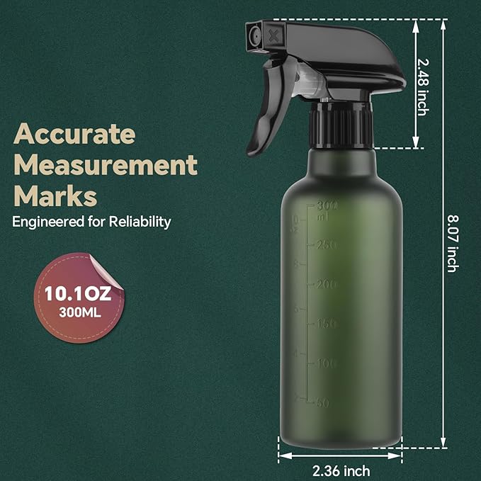 Leakproof Spray Bottles (2 Pack 10 oz), Adjustable Fine Mist & Jet Stream Nozzle, Premium BPA-Free Frosted Plastic Multi-Purpose for Hair, Plants, Cleaning (2 PACK GREEN)