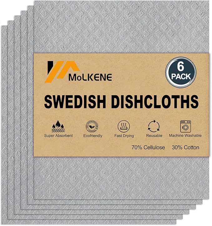 Swedish Dishcloths for Kitchen | 6 Pack Absorbent Cellulose Sponge Cloths Washable | Non-Scratch Reusable Paper Towels Quick Drying Cleaning Cloths - Grey