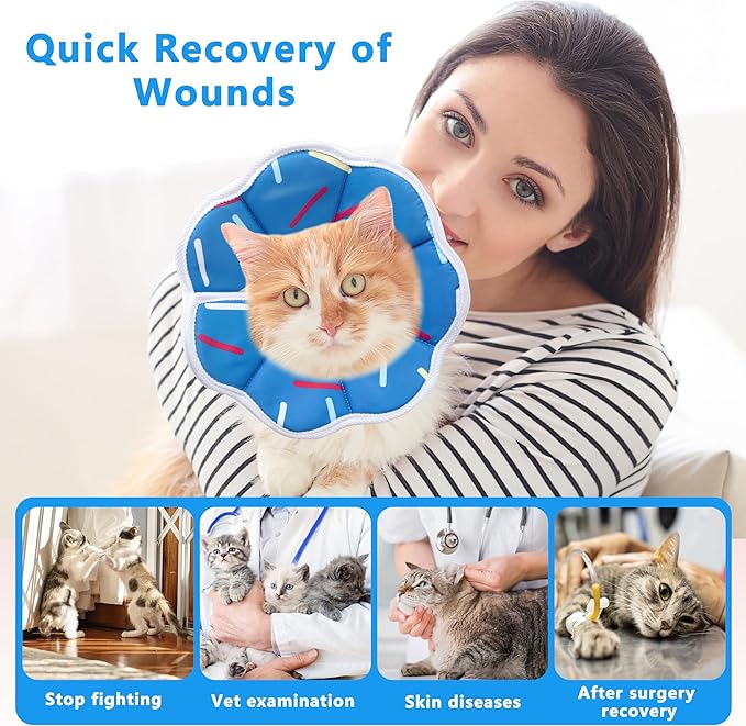 Soft Adjustable Cat Cone Collar, Comfortable Cat Recovery Collar Suitable for Various Types of Cats,Elizabethan Neck Protective Collar for Cats After Surgery (Blue Stripe, Small)