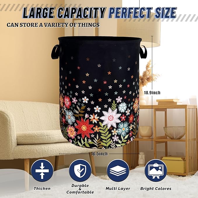 Cute Colorful Floral Laundry Basket Foldable Flowers Laundry Hamper With Handle Oxford Cloth Portable Clothes Storage Organizer Basket 18.9"x16.5" Laundry Bag For Laundry Room/Bedroom/Bathrooms