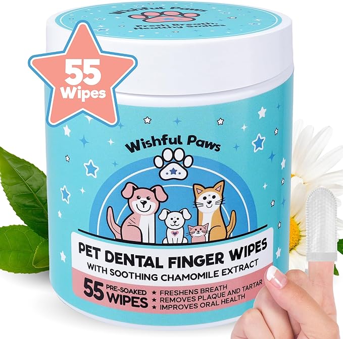 Dog Teeth Cleaning Wipes - Dog Tooth Brushing Kit - Dog Toothbrush Finger Wipes - Removes Plaque & Tartar, Dog Breath Freshener - No-Rinse Pet Dental Care for Dogs & Cats - Easy Use - 55 Count