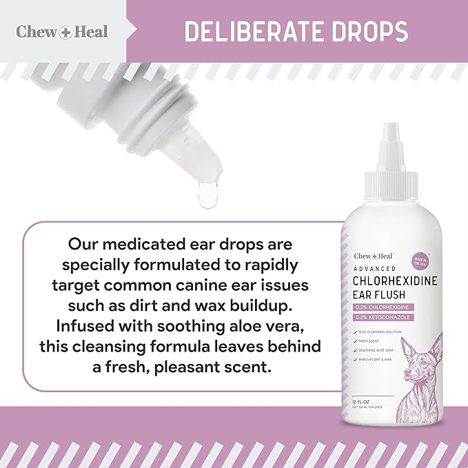Chew + Heal Labs Dog Ear Cleaner - OTIC Medicated Dog Ear Buildup Drops for Dirt and Wax - 12 oz Advanced Flush with Chlorohexidine and Ketoconazole - Made in The USA