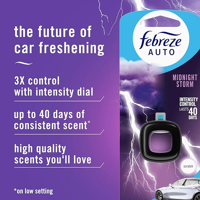Febreze AUTO Air Freshener, Odor-Fighting Automotive Vent Clip, Midnight Storm Scent, 8 Count