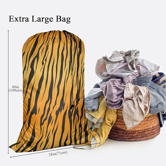 Swono Tiger Fur Laundry Bag with Drawstring Straps, Heavy Duty Extra Large Laundry Bags for Laundromat and Household, Stripe Animals Jungle Texture Washable Travel Dirty Clothes Bag Hamper Liner,