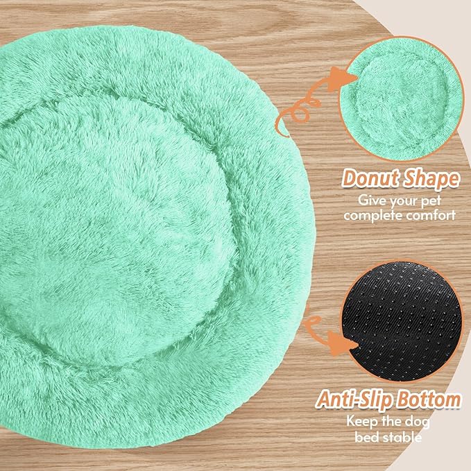 JOLLYVOGUE Small Dog & Cat Beds for Indoor Cats, Donut Cuddler Warming Soft Dog Beds with Anti-Slip Bottom, Round Calming Fluffy Plush Faux Fur Cushion Bed for Medium Dogs (31", Mint Green)