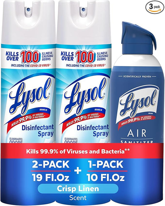 Lysol Bundle containing x2 Lysol Disinfectant Spray for Hard and Soft Surfaces, Crisp Linen, 19 Fl. Oz + Lysol Air Sanitizer Spray, For Air Sanitization and Odor Elimination, White Linen, 10 Fl. Oz