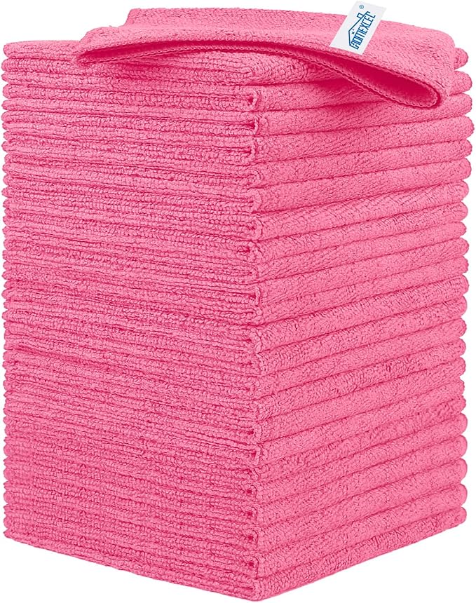HOMEXCEL Pink Microfiber Cleaning Cloth, 24 Pack Cleaning Towels for Kitchen, Lint Free, Scratch-Free, Highly Absorbent, and Reusable Cleaning Rags for House, Window and Glass, Cars, 11.5 X11.5 inch