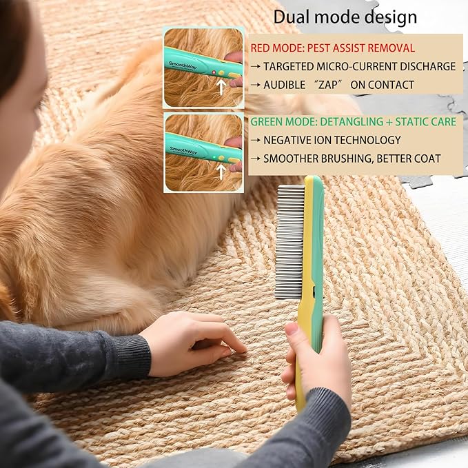 Professional 3-Row Tick & Flea Comb for Dogs & Cats - Stainless Steel Teeth with Negative Ion Anti-Static | Detangling Grooming Tool for Poodles, Shih Tzus & Long Haired Pets