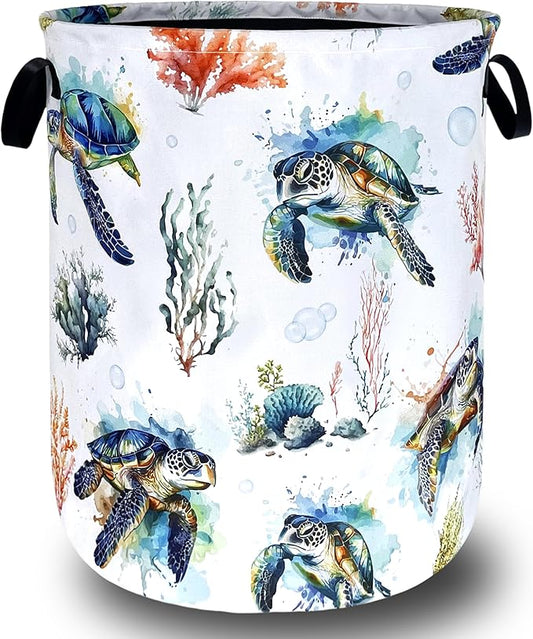 Sea Turtles Laundry Basket Foldable Ocean Animal Turtle Laundry Hamper With Handle Oxford Cloth Portable Clothes Storage Organizer Basket 18.9"x16.5" Laundry Bag For Laundry Room/Bedroom/Bathrooms