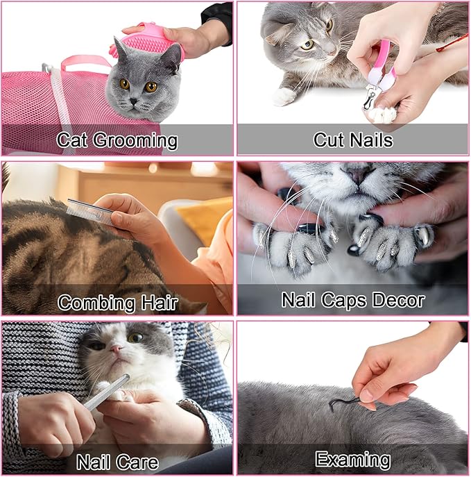 JULMELON Cat Washing Bag 10 PCS Set, Adjustable Cat Shower Net Bag and Pet Grooming Brush with Nail Clipper Nail File Hair Combs Tick Tool Nail Caps for Bathing Nail Trimming Examination(Pink+Grey)
