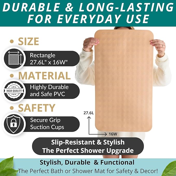 ENKOSI Bath Mat for Bathtub and Shower Floors - Non Slip Shower Mat – Anti Slip Tub tub Mat with Strong Suction Cup Grip – Soft, Beige Bathroom Mat for Inside Baths and Showers (28x16 Beige)
