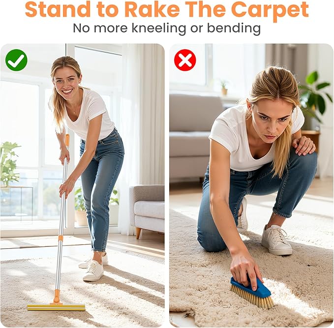 3 in 1 Carpet Rake for Pet Hair Removal, Tool Set of 3, 55” Long Handle Carpet Pet Hair Removal Carpet Scraper Dog Cat Hair Remover for Sofa, Couch, Car, Rug (Orange)