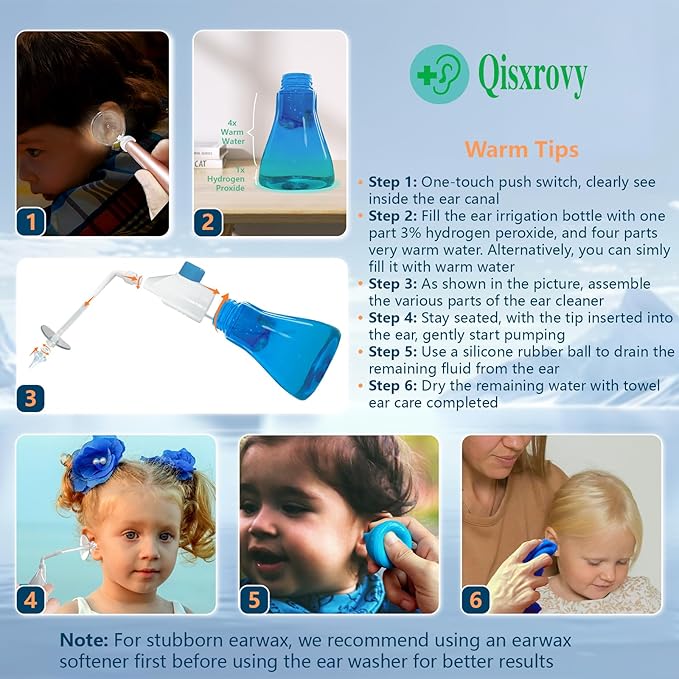 Ear Wax Removal Tool, Ear Cleaning Kits Safe Ear Irrigation Kit Ear Flush Kit for Adults Kids, Ear Wax Washer Device with LED Earwax Spoon, Basin, Bulb, Curette Kit, Towel, Tips, Storage Box Blue