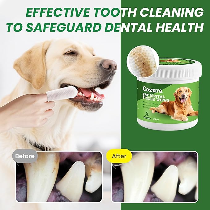 Teeth Cleaning Wipes for Dogs & Cats –Dog Dental Care Finger Wipes, Dog Finger Toothbrush Wipes Helps Remove Tartar & Plaque, Fresh Breath, Rinse Formula for Dogs & Cats Teeth Cleaning Kit-60 Count