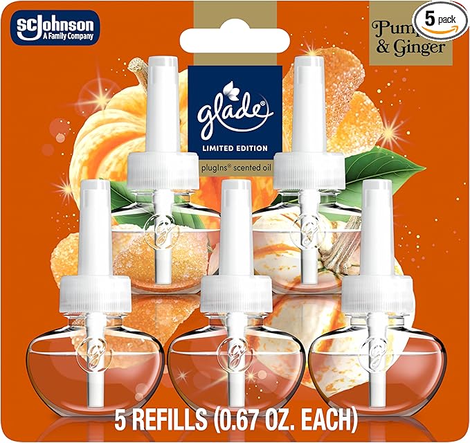 Glade PlugIns Refills Air Freshener, Pumpkin & Ginger, Scented and Essential Oils for Home and Bathroom, 0.67 Fl Oz, 5 Count
