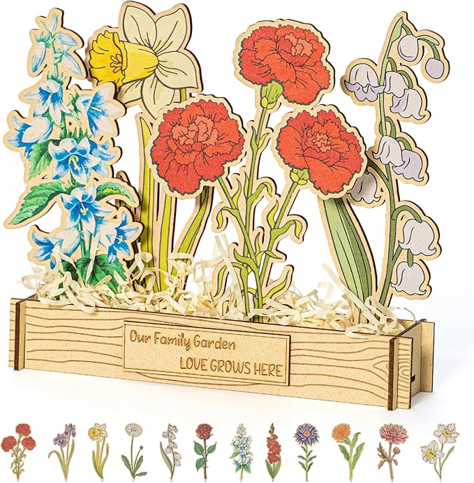 Mother's Day - 12 Birth Month Flowers Wooden Garden Decor for Grandma's Birthday, Floral Gift for Mom from Daughter, Practical Wooden Keepsake to Remember A Day, Flower Room Decor Idea for Grandma