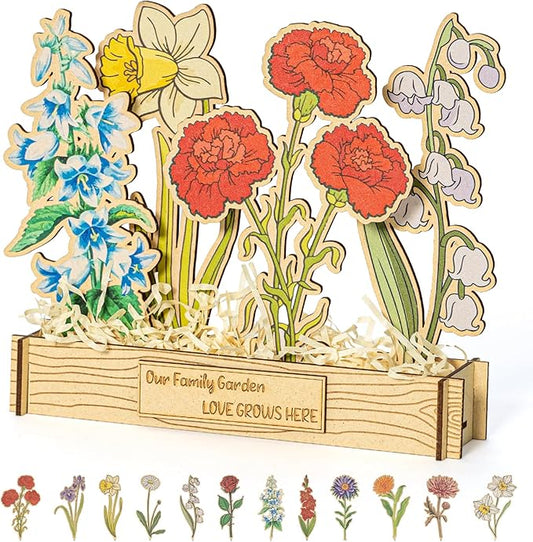 Mother's Day - 12 Birth Month Flowers Wooden Garden Decor for Grandma's Birthday, Floral Gift for Mom from Daughter, Practical Wooden Keepsake to Remember A Day, Flower Room Decor Idea for Grandma