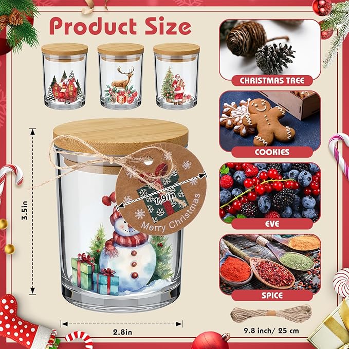12 Pack Christmas Santa Claus Clear Candle Jars for Making Candles 7 oz Empty Glass Jars with Wood Lids and Blessing Card Snowman Candle Containers for DIY Gifts Home Tea Party Holiday Decor