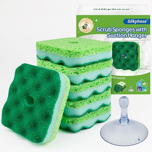 6-Pack Magic Cleaning Sponges with Suction Cups - Heavy Duty 3-Layer Dual-Sided Scrub Pads for Dishes, Stains & Kitchen Surfaces - Durable Non-Scratch Scouring Pads