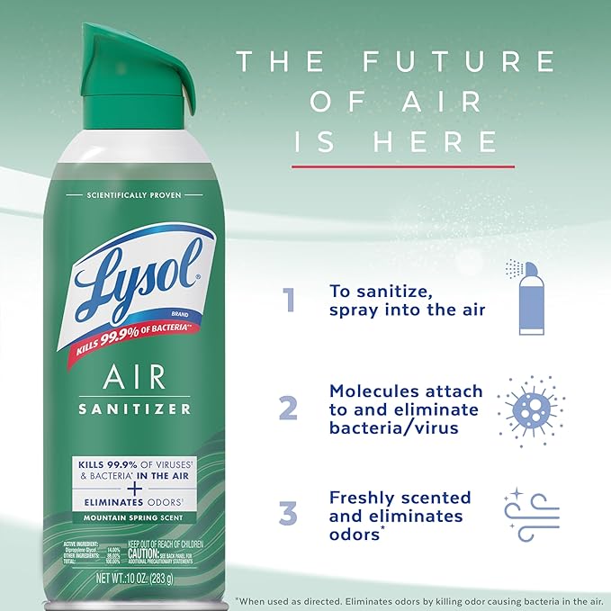Lysol Air Sanitizer Spray with Odor Eliminator for Home & Office, Sanitizing Spray, Air Freshener Alternative, Mountain Spring Scent, 10 oz (Pack of 3)