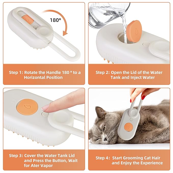Cat Dog Hair Steam Brush: 4 in 1 Pet Grooming Tool Rechargeable Groomer Silicone Comb for Massage, Cleaning, Shedding and Combing, Anti-Static, 360° Portable Handle for Long or Short Hair Pet (Orange)