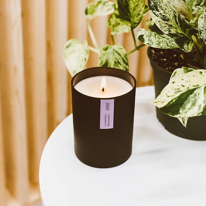 Calyan Wax Co. Soy Wax Candle, Lavender + Bergamot Scented Candle, 75 Hour Burn Time, Aromatherapy Soy Candles, Non Toxic & Vegan Soy Wax, Black Tumbler Scented Candles, 10.2oz