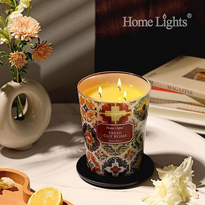 HomeLights 3-Wick Candles for Home Scented - 34oz Soy Wax Blend Candle Long-Lasting Fragrance, Bohemian Natural Textures Home Decor and Housewarming Gifts, Fresh Cut Roses