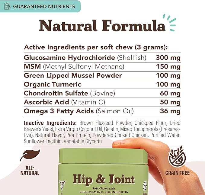 Natural Dog Company Hip & Joint Chews for Dogs with Glucosamine for Dogs + Chondroitin, MSM & Turmeric, Supports Mobility & Reduces Discomfort, Stiffness, Natural Pain Relief Joint Supplement. 180 Ct