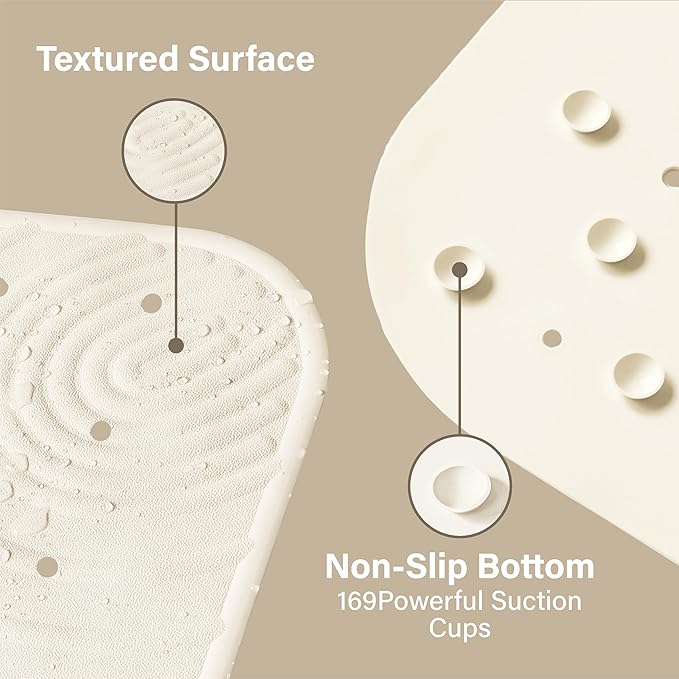 Extra Long Rubber Bathtub Mat, Non-Slip Shower Tub Mat, 39x16 Inch, Bath Tub Floor Mat with Suction Cups and Drainage Holes, Ivory White