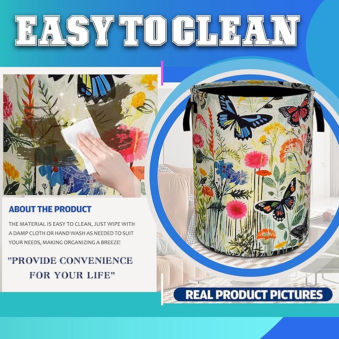 Watercolor Butterfly Laundry Basket Oxford Cloth Flowers Laundry Hamper With Handle Foldable Portable Clothes Storage Basket 18.9 X 16.5 Inch Storage Bag For Laundry Room/Bathroom/Bedroom/Dormitories