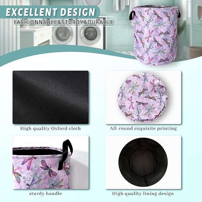 Watercolor Dragonfly Laundry Basket Foldable With Handles Tote Bag Oxford Cloth Colorful Laundry Hamper Clothes Storage Bucket Toy Organizer 18.9"x16.5" For Bathroom/Laundry/Bedroom