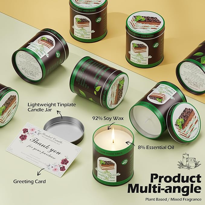 Premium Vanilla Cake Scented Soy Wax Candles Set | 2Pack 8% Essential Oils,80 Hrs Burn Time,Clean Burning&Smoke-Free| Aromatherapy Jar Tin Candle for Home, Relief & Sleep | Gift Set of Men&Women