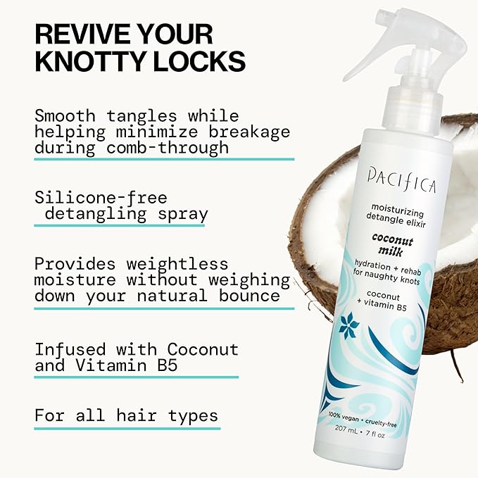 Pacifica Coconut Milk Hair Detangler Spray - Leave In Conditioner Spray, Detangling Elixir Suitable for All Types, Fine and Curly Hair Products, Smoothing, Moisturizing, and Anti-Frizz - 207 mL