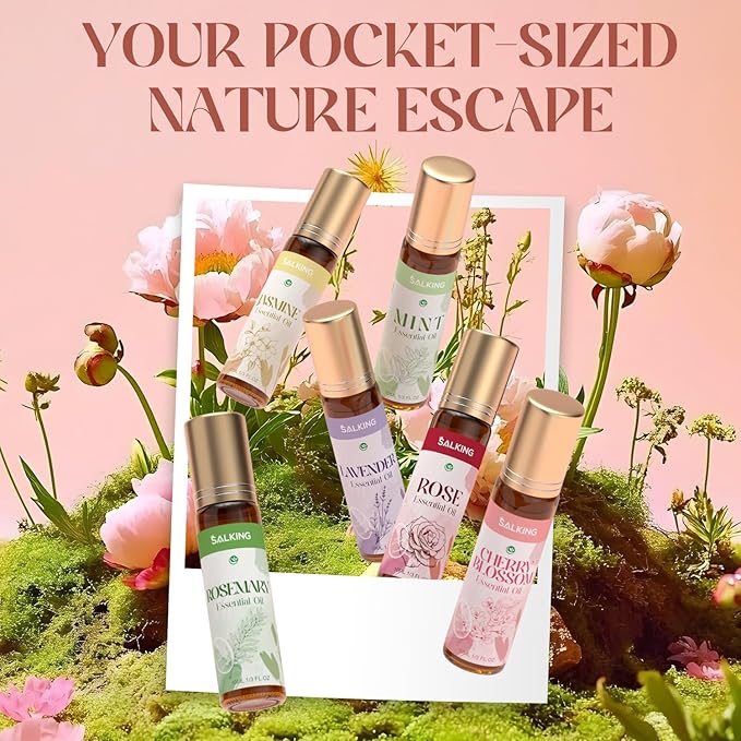 SALKING Essential Oils Roll On Set with Dried Flowers(6 Pack), Aromatherapy Oil with Roller Ball for Skin Use, Natural Fragrance Gift - Rose, Lavender, Cherry Blossom, Jasmine, Mint, Rosemary