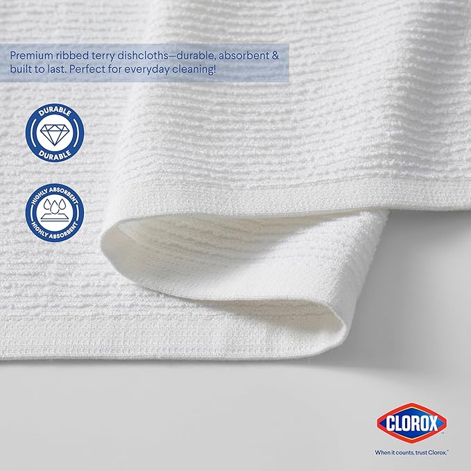 CLOROX Ribbed Bar Mops - 100% Cotton Quick Dry Extra Large Dishcloths - Absorbent Multipurpose Cleaning Cloths for Restaurants, Kitchen, Bathroom, Hotel - 16" x 19" - White 6 Pack