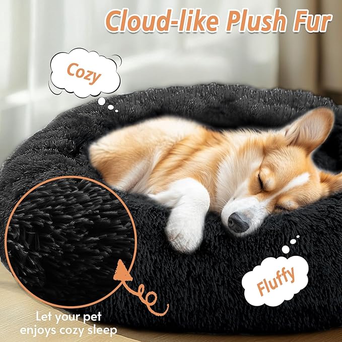 JOLLYVOGUE Small Dog & Cat Beds for Indoor Cats, Donut Cuddler Warming Soft Dog Beds with Anti-Slip Bottom, Round Calming Fluffy Plush Faux Fur Cushion Bed for Small Dogs (23", Black)
