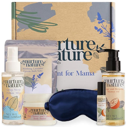 Nurture by Nature Relaxing Spa Gifts for Women - New Mom Gifts Care Package for Women with Deep Sleep Pillow Spray & Bath Salts, Vegan & Cruelty Free New Mommy Essentials - Baby Shower Gift Baskets