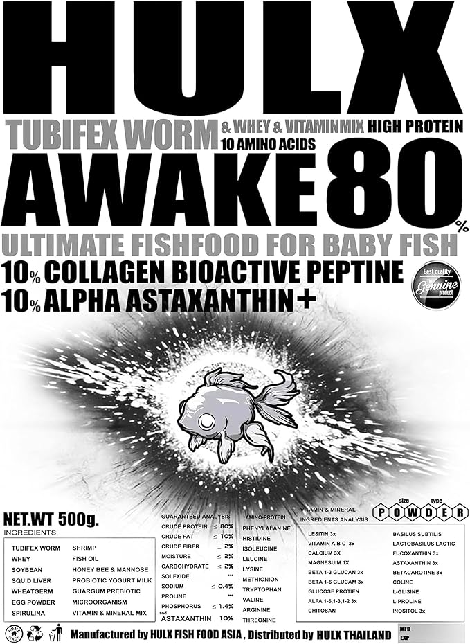 HULX Awake Goldfish Food Sinking for Big Muscle & Mass Weight Gain, Whey Mixed High Protein 60% Fish Food Growth Fast Formula 500 Gram, Healthy, Color Enhancing Clear Water Fish Feed